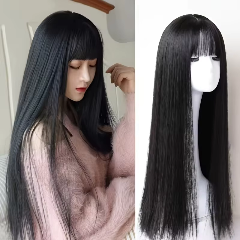 Perruque synthétique noire longue et lisse pour fête d'Halloween, perruque de cosplay pour usage quo