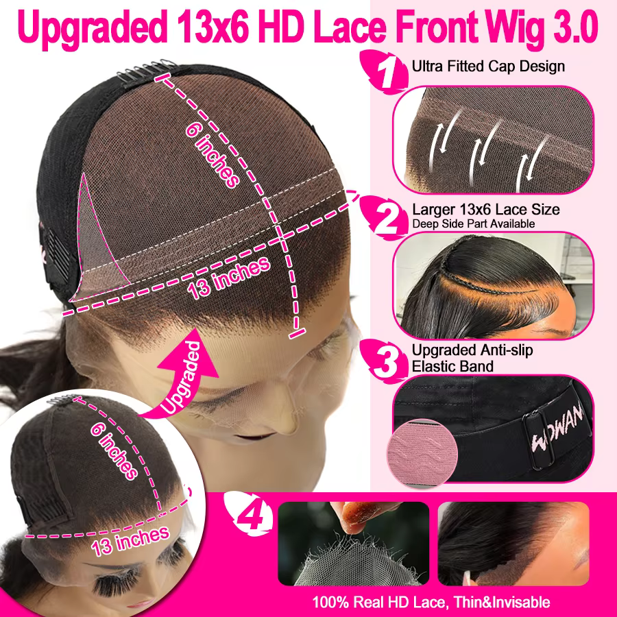 Wow Angel-Perruque Lace Front Wig Naturelle Lisse pour Femme, Cheveux Humains, Peaux Fondues, Pré-Pl