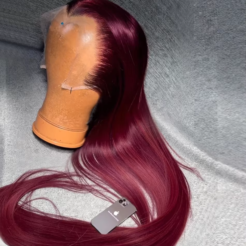 Perruque frontale en dentelle HD 13x6, cheveux humains densité 250, lisses bordeaux 99J, pré-épilée,