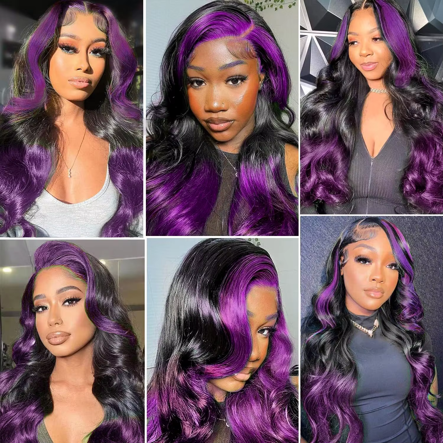 Perruques Lace Front Ombré Violet 13x4 à Rayures, Cheveux Humains Ondulés, Mèches Violet Foncé, Perr