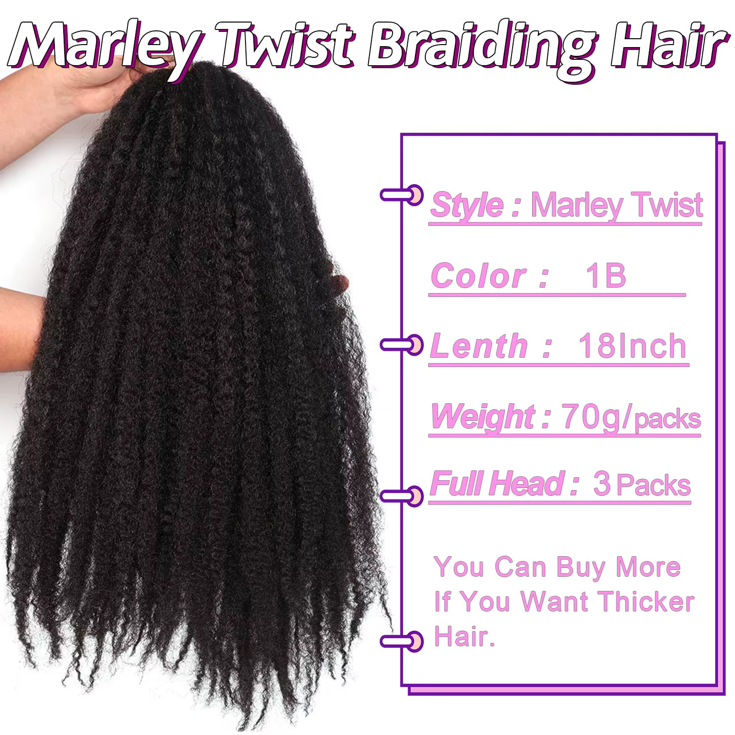 Cheveux synthétiques Marley Twist pour tresses – 18 pouces, doux, pour tresses Marley Twist, 1/3/8 p