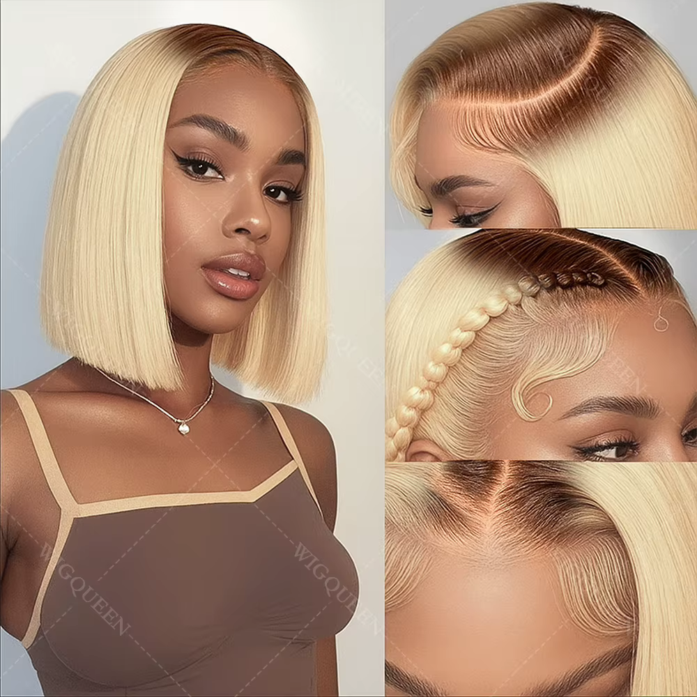 Perruque Bob Lace Front Wig naturelle lisse, cheveux courts à reflets, racines foncées, 13x4, couleu