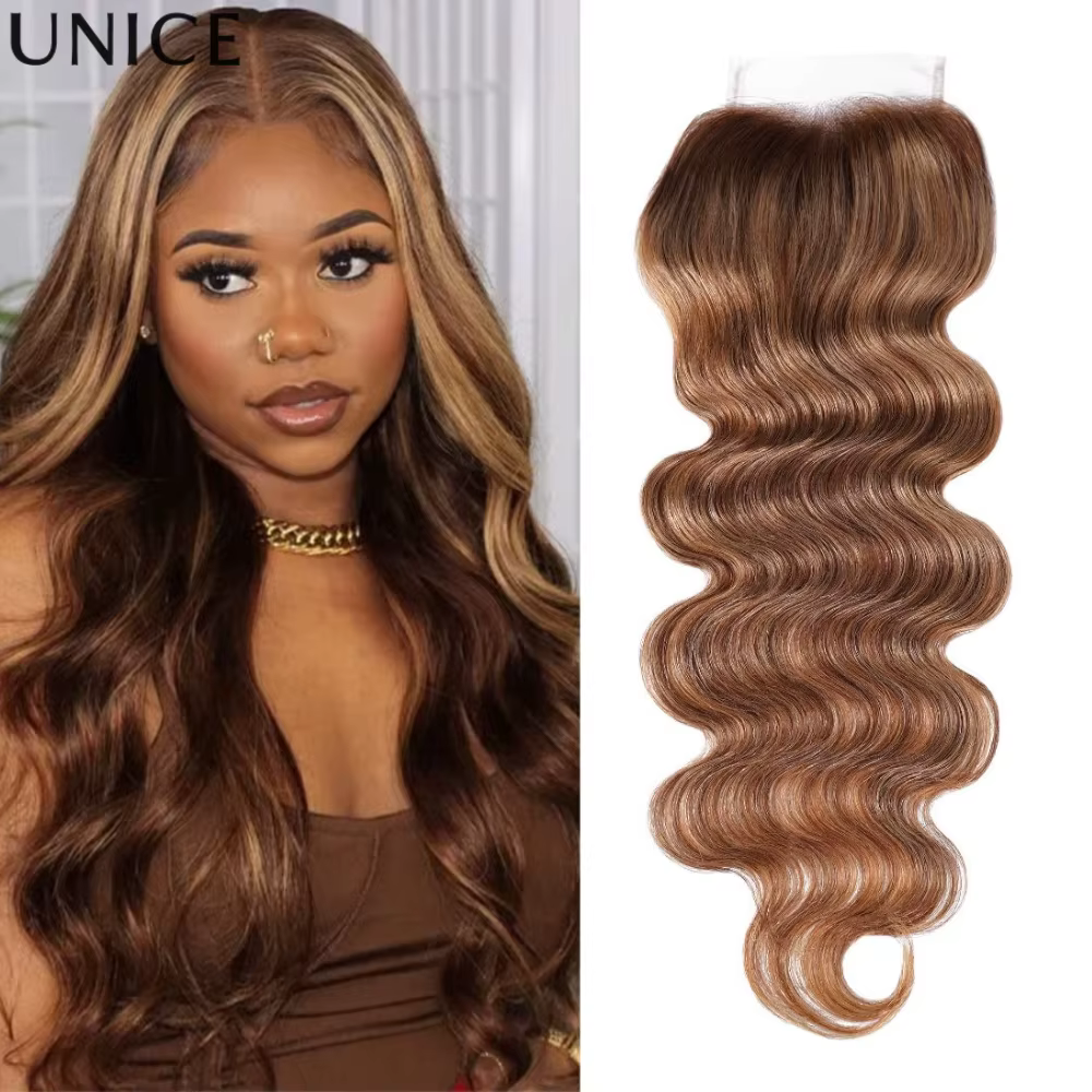 UNice Blonde Highlight Body Wave 4x4 Lace Closure Only 100% Human Hair Closure Free Part