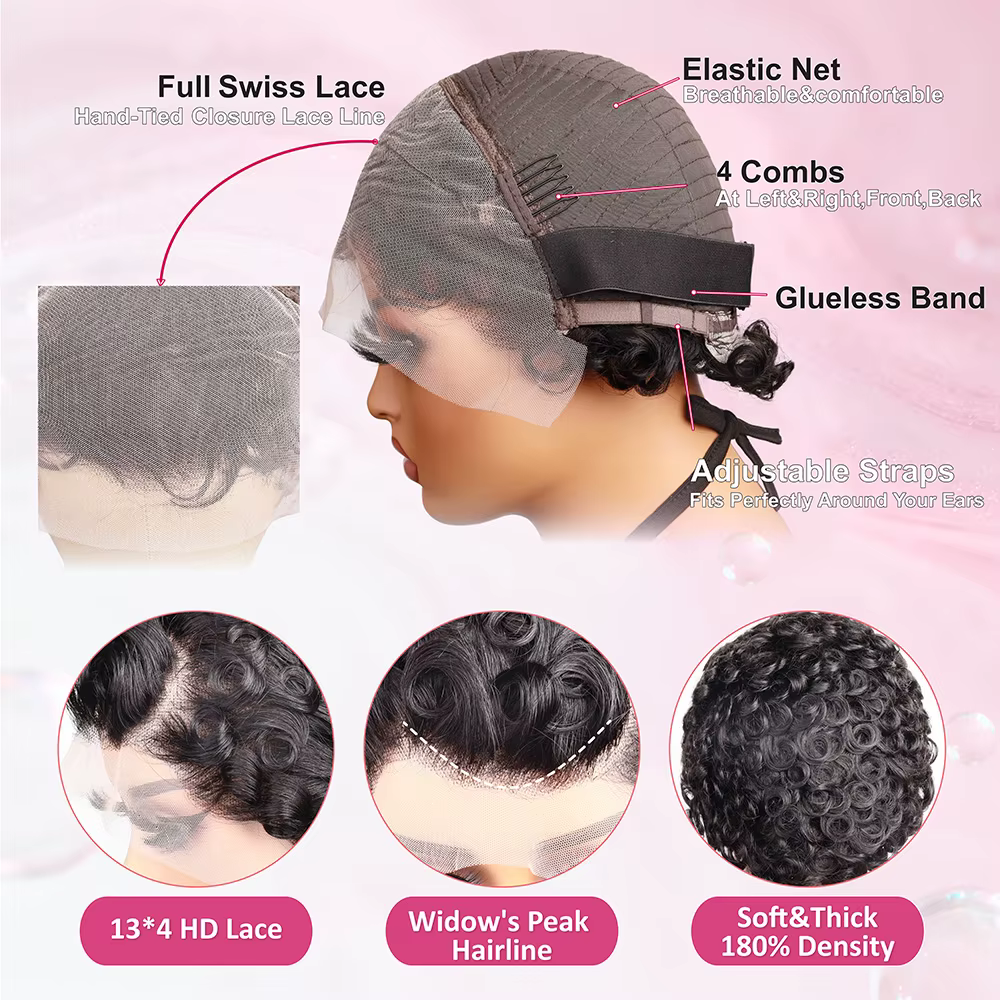 Perruque Lace Front Wig Body Wave 13x4 HD, cheveux naturels, coupe Pixie, sans colle, 100% cheveux h
