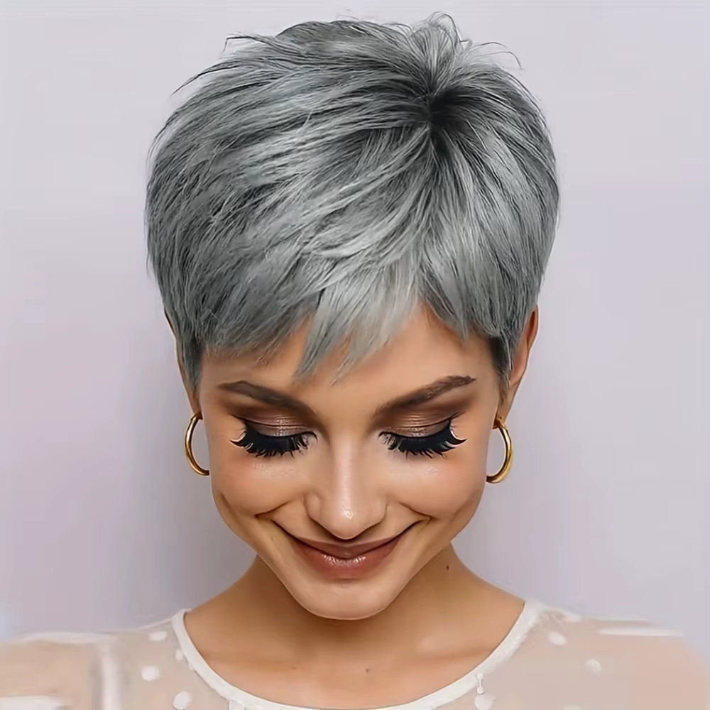 Perruque de cheveux humains coupe lutin coupe lutin grise naturelle avec cheveux raides en couches a