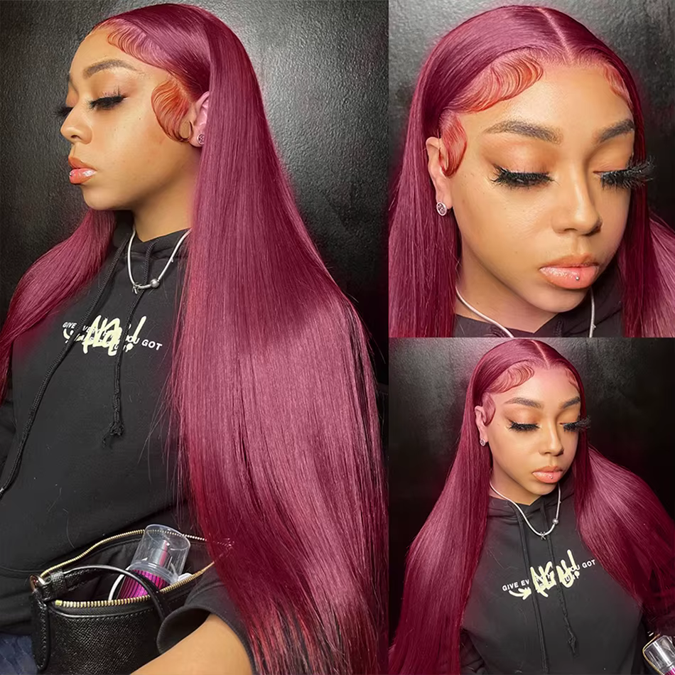 Perruque Lace Front Wig naturelle lisse-Tuneful, Sophia, cheveux humains, couleur bordeaux 99J, 13x6