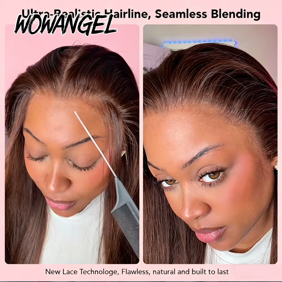 WOWANGEL Perruques en cheveux humains lisses brun chocolat, Lace Frontale Complète HD 13x6, Pré-épil