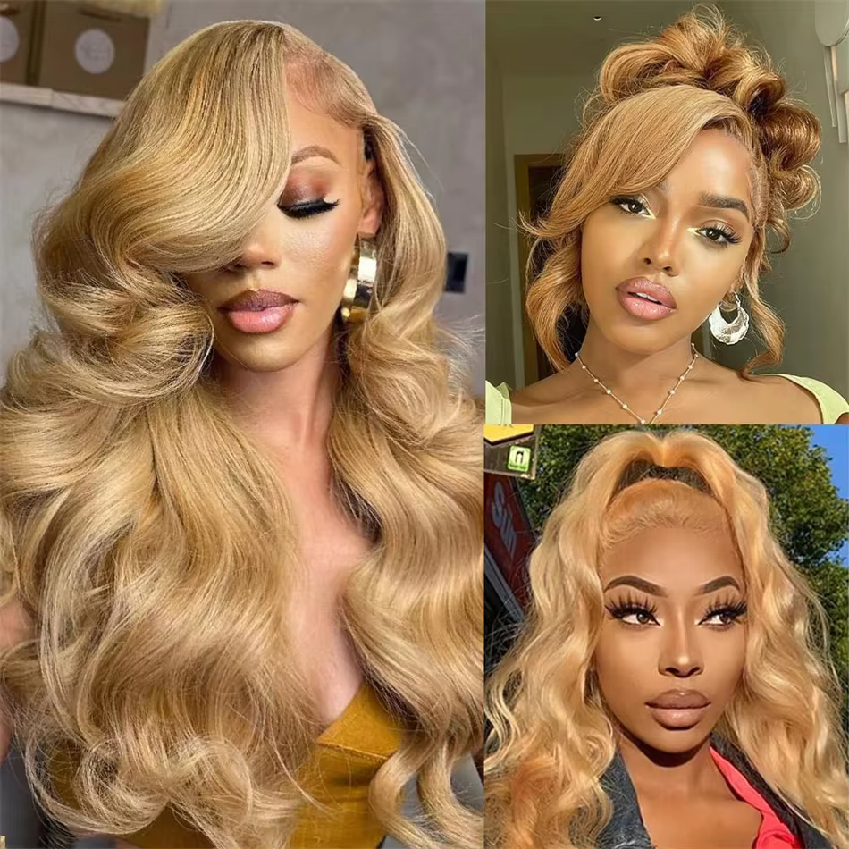 Perruque frontale en dentelle transparente HD 13x6 blonde miel # 27 perruques de cheveux humains de 