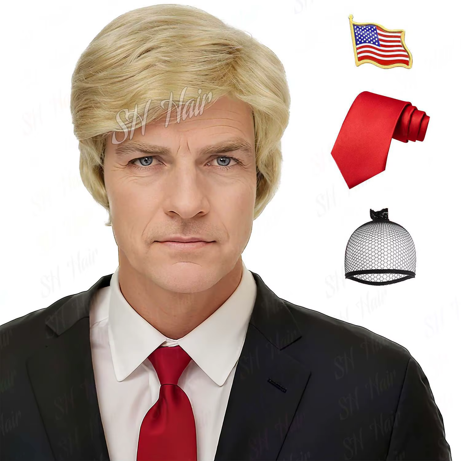 Perruque de Costume synthétique Blonde 3 pièces + épingle à drapeau + cravate rouge pour adultes per