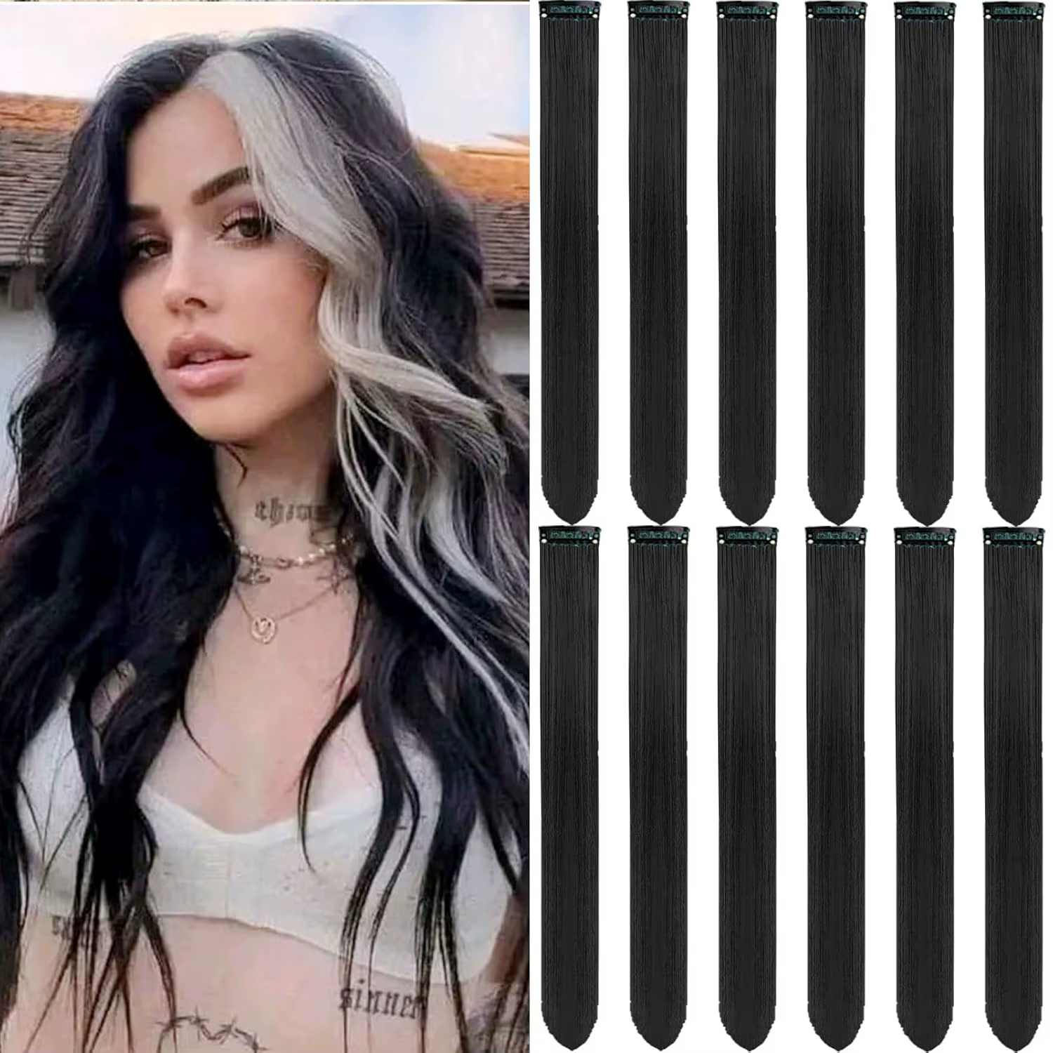Extensions capillaires synthétiques noires longues et lisses, 12 pièces, postiches colorées à reflet