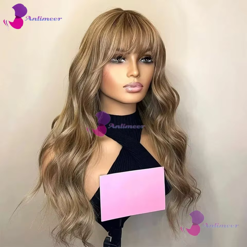 Perruques en cheveux humains blond miel avec frange, ondulées, sans colle, 13x6/360, avec nœuds blan