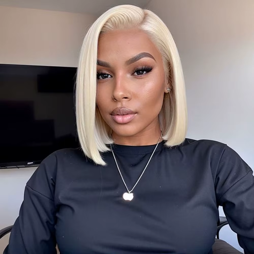 613 Blonde courte Bob perruque 13x4 HD Transparent dentelle frontale perruque cheveux raides perruqu
