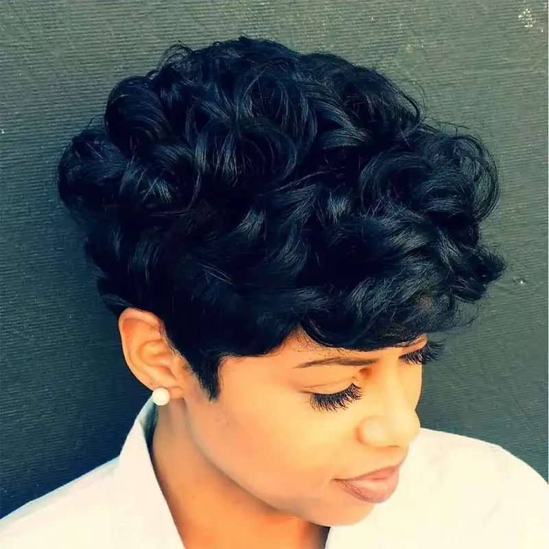 Perruque coupe lutin perruque cheveux humain pleine Machine faite cheveux humains pré plumé sans col