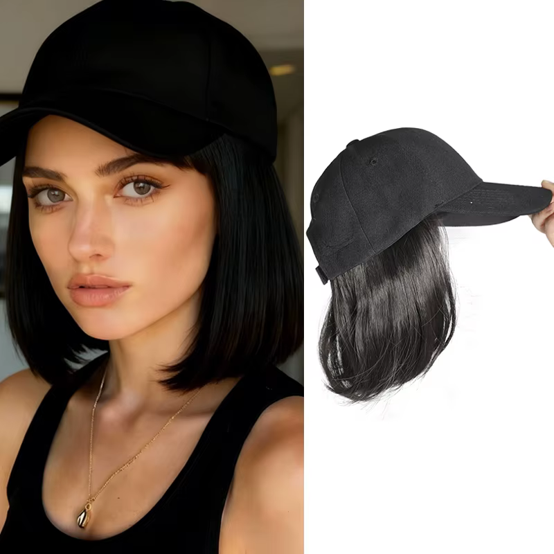 Perruque Bob synthétique, Extensions capillaires courtes et lisses avec chapeau de Baseball noir, ch
