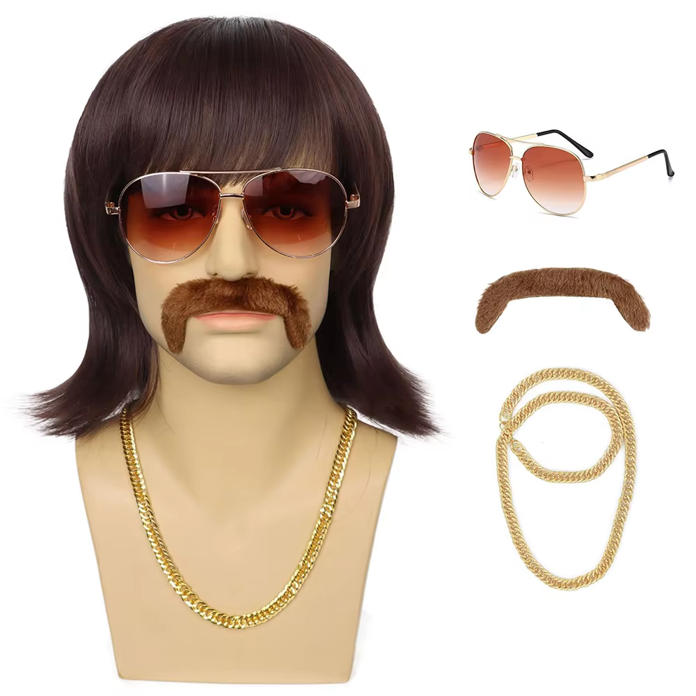 Perruque disco des années 70 avec barbe, lunettes et chaîne, perruque synthétique courte brune à la 