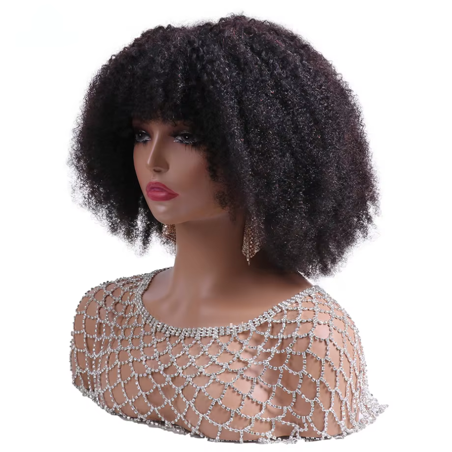 Perruque Brésilienne Remy 180% Naturelle Crépue Bouclée avec Frange, Cheveux Courts Faits à la Machi