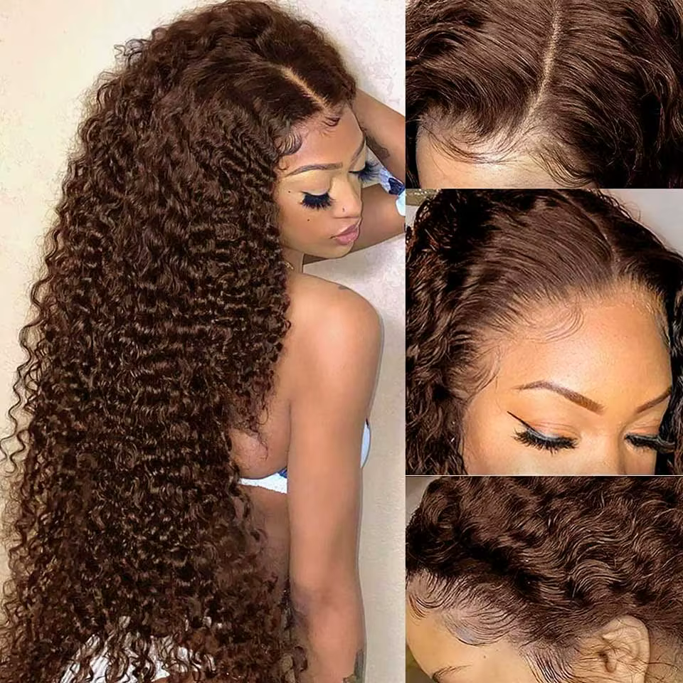 Perruque Deep Wave Lace Front Wig Remy naturelle, cheveux bouclés, brun chocolat, 13x6 HD, 13x4, 180