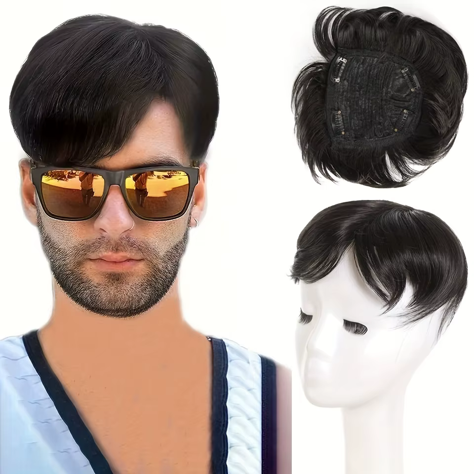 Perruque synthétique courte et droite noire pour homme, aspect réaliste et naturel, résistante à la