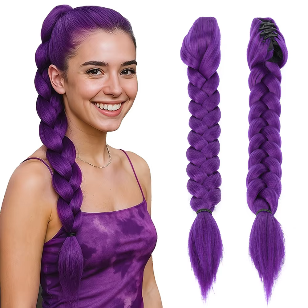 Perruque queue de cheval synthétique tressée violette avec pince crabe pour enfants, idéale pour les