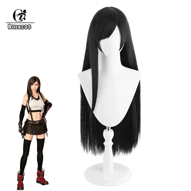 ROLECOS Final Fantasy Tifa Cosplay perruques Tifa 80 cm longue ligne droite noir Halloween Cos perru