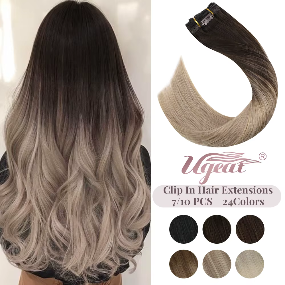 Ueget-Extensions de cheveux à clipser, Balayage argenté, Vrai Huamn, Cheveux naturels Remy, Tête com