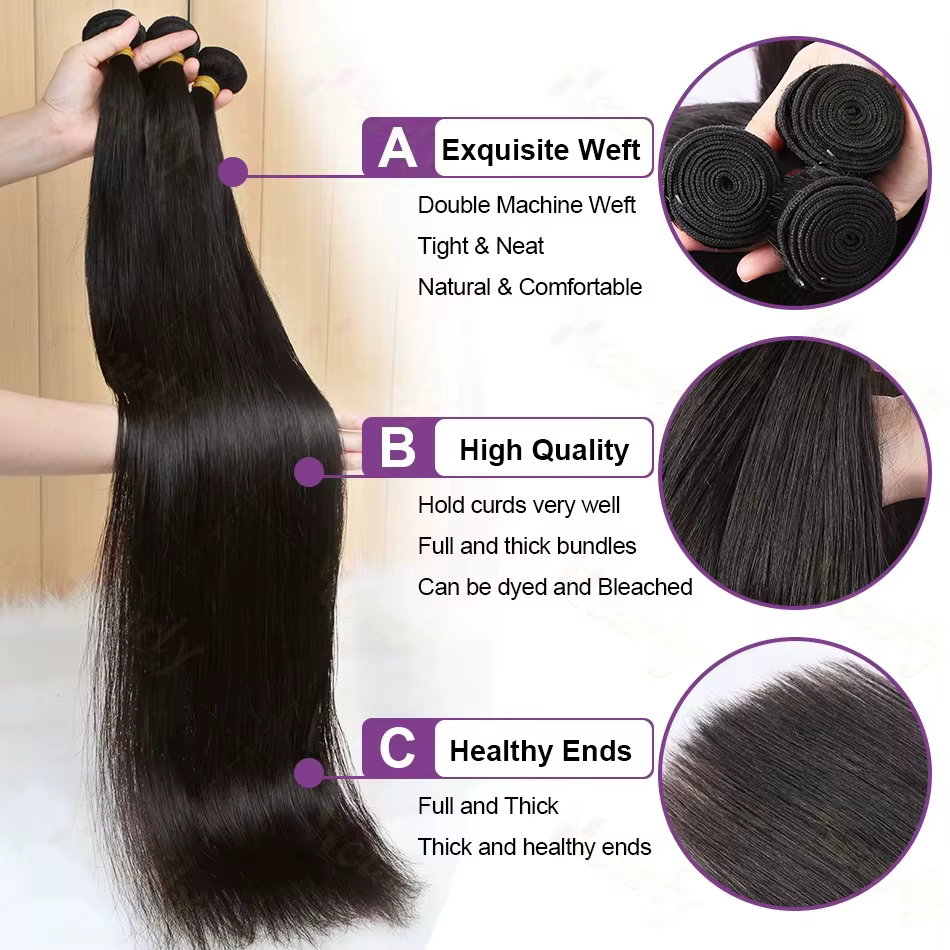 Extensions de Cheveux Humains Bruts Vierges Non Traités Lisses 12A – Lots de 2/3/4 Pièces de Cheveux