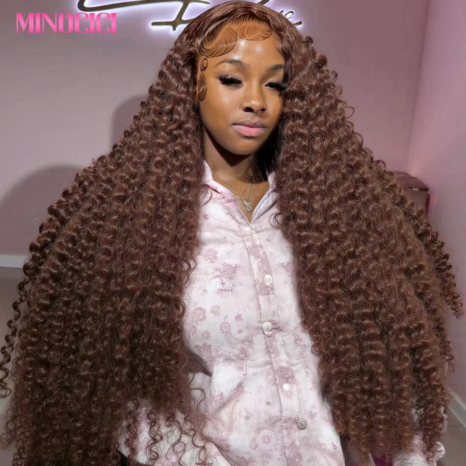 Perruque Lace Front Wig naturelle bouclée, cheveux humains, brun chocolat, densité 200%, Deep Wave, 