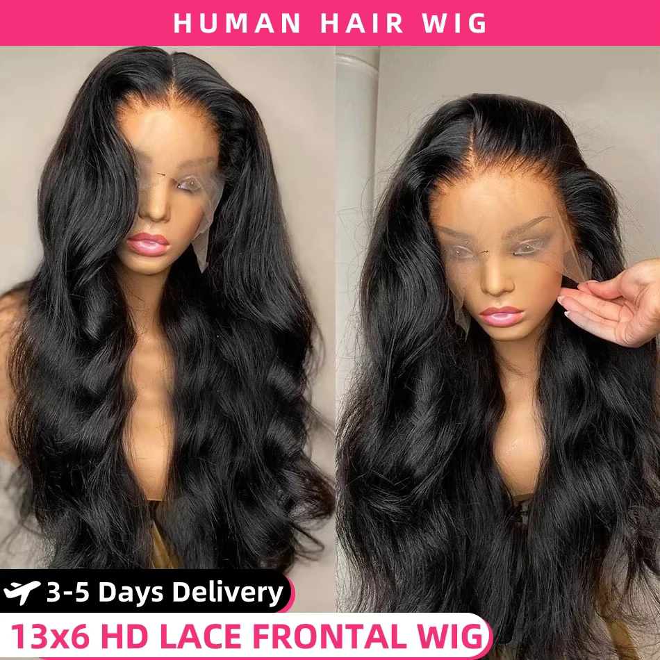 Perruque Lace Front Wig Body Wave brésilienne naturelle, cheveux humains, 13x6 HD, pre-plucked, 300%