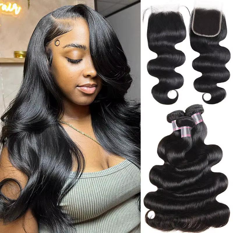 Extensions de cheveux humains brésiliens Remy non traités avec closure, tissage de cheveux vierges,