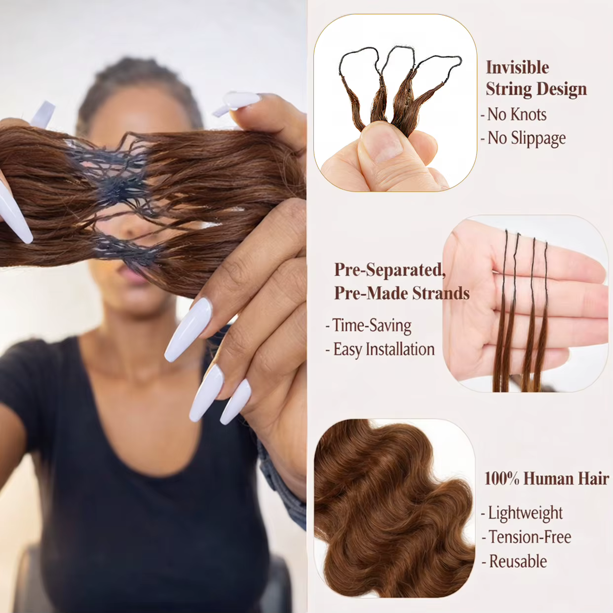 Sans couture # 4 Miracle Knots - Extensions de cheveux humains 100% naturels, ondulés, brun foncé, p