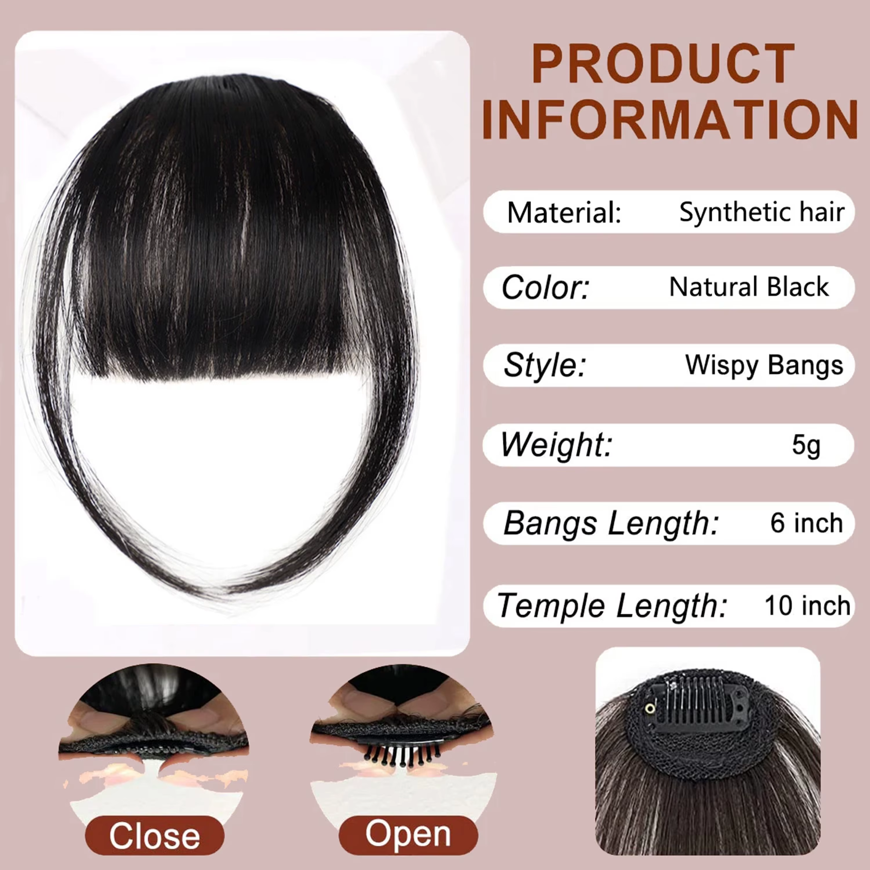 Frange à clipser marron, extensions de franges artificielles, franges légères à clipser pour femmes,
