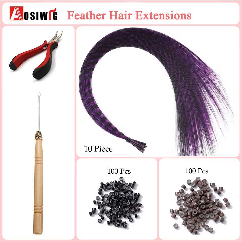 AOSISynthetic-Extensions de cheveux en plumes, faux cheveux, pointe arc-en-ciel, postiche, plume pou