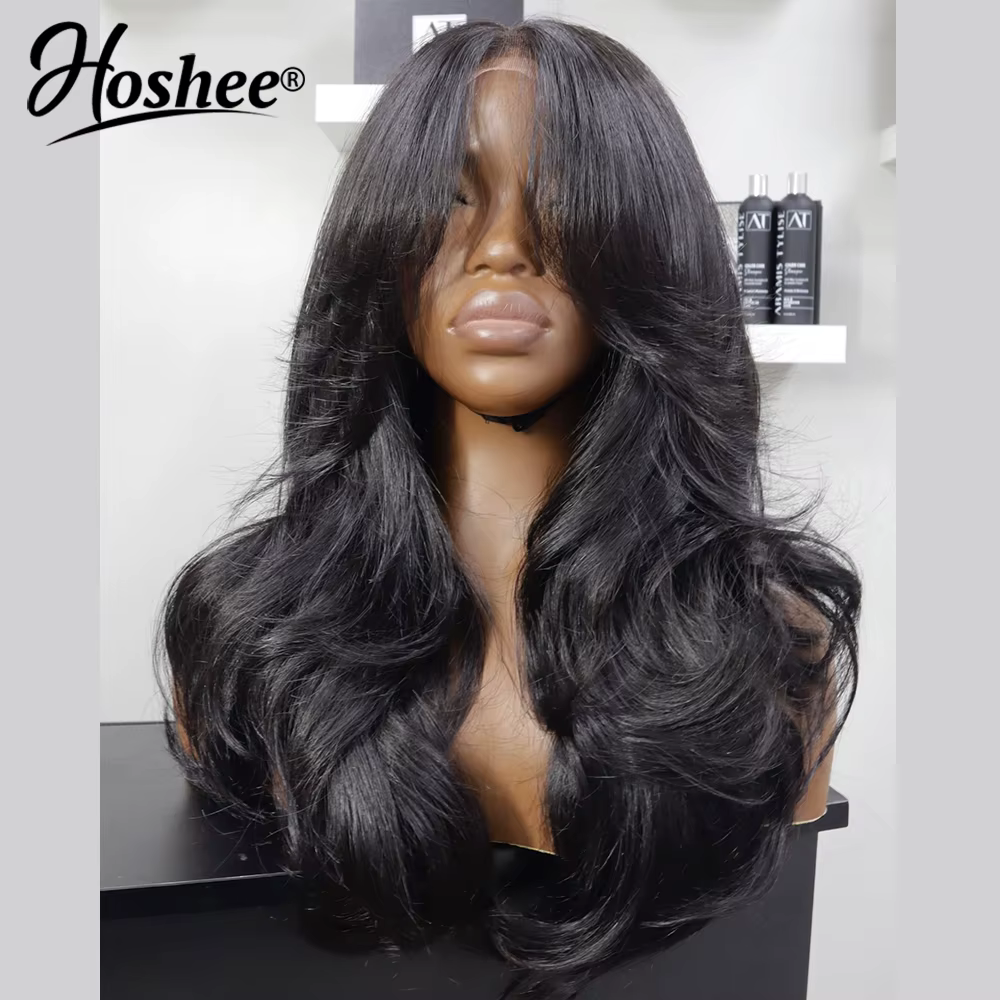 Perruque Lace Front 4x4 sans colle, prédécoupée, avec frange rideau, prête à porter, en cheveux natu