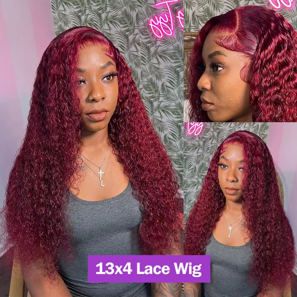 Perruque Lace Front Wig naturelle brésilienne ondulée, cheveux bouclés, bordeaux 99j, 13x6 Hd, Deep