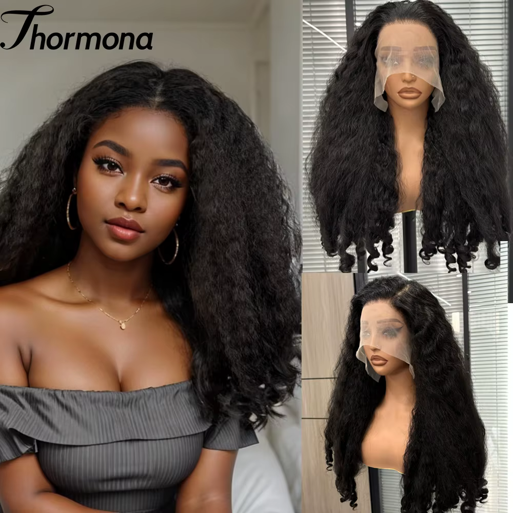 Perruque Lace Front Wig synthétique bouclée Afro 13x6, cheveux crépus lisses avec extrémités bouclée