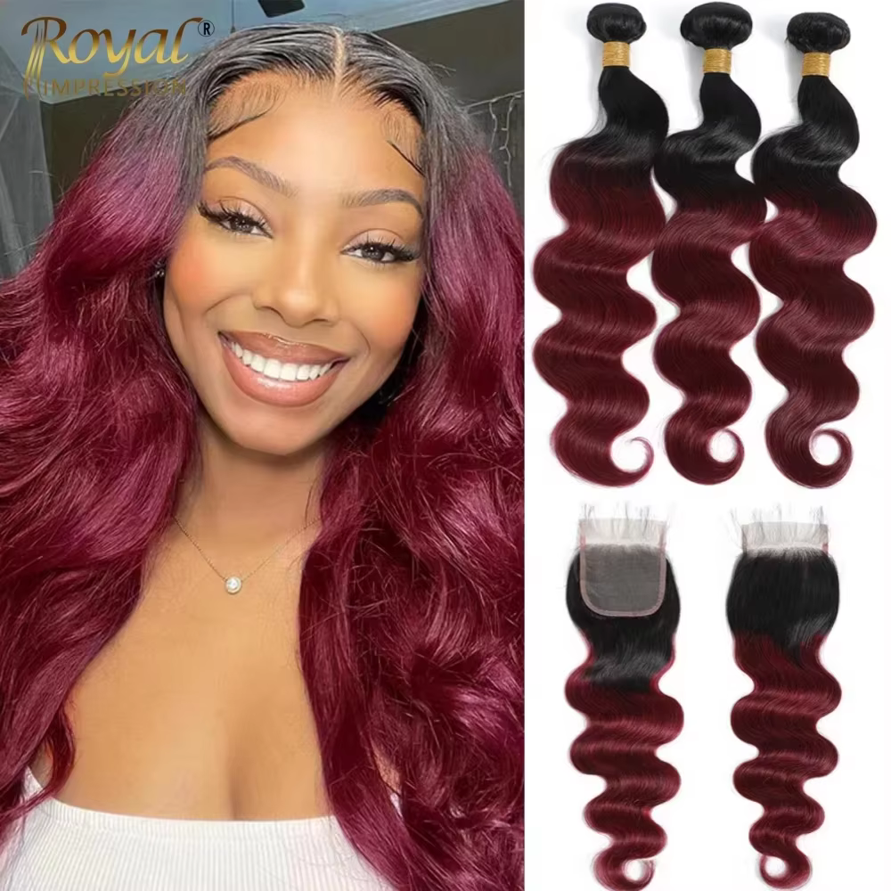 Extensions de cheveux Remy 12A Body Wave, 100% cheveux humains, lots brésiliens 1B/Bordeaux avec clo