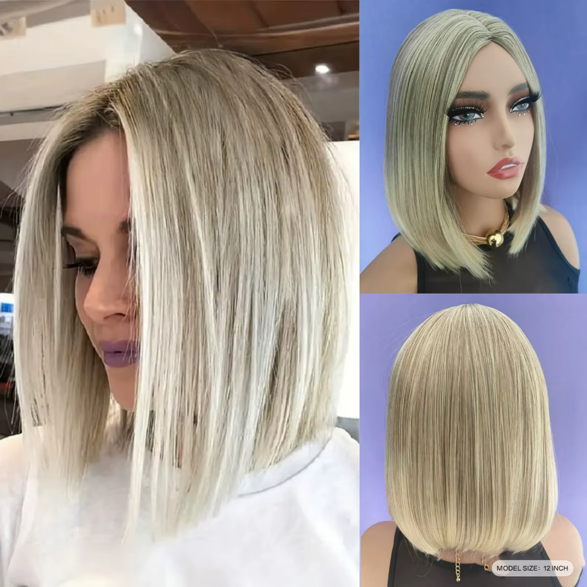 Perruque Bob pour femmes, cheveux synthétiques courts et lisses avec reflets blonds, partie centrale