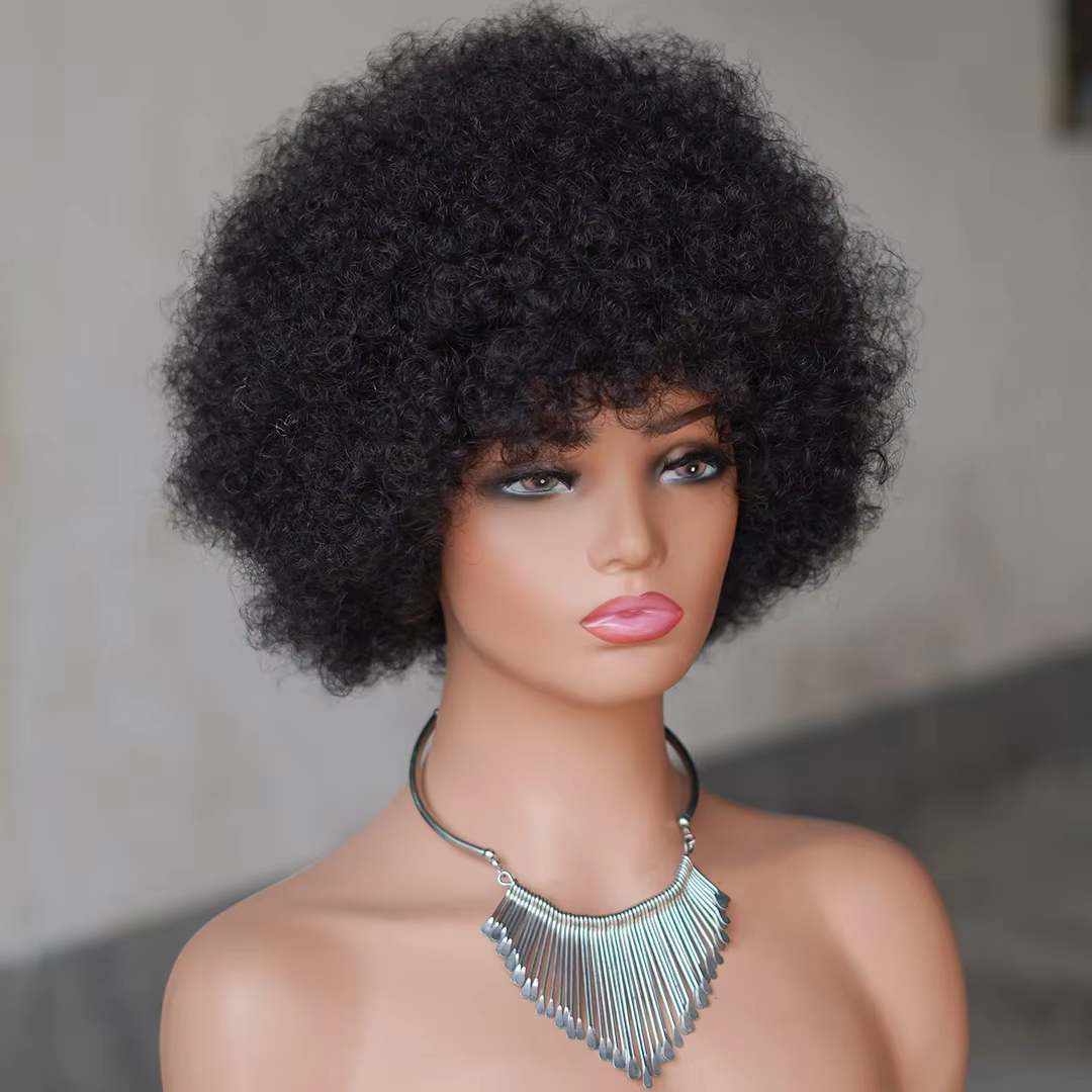 Perruque courte bouclée afro kinky en cheveux humains péruviens 100% naturels, coupe pixie sans coll