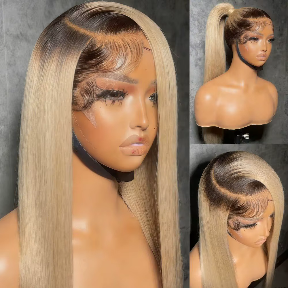 Perruque Lace Front HD 13x4 Lisse Ombré Brun Racines Blond Cendré Cheveux Humains Densité 200 pour F