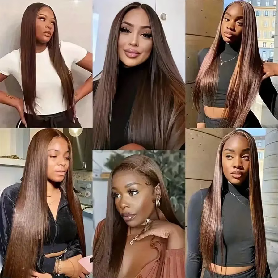 Perruques brésiliennes en cheveux humains lisses brun chocolat de 34-36 pouces, perruque frontale en