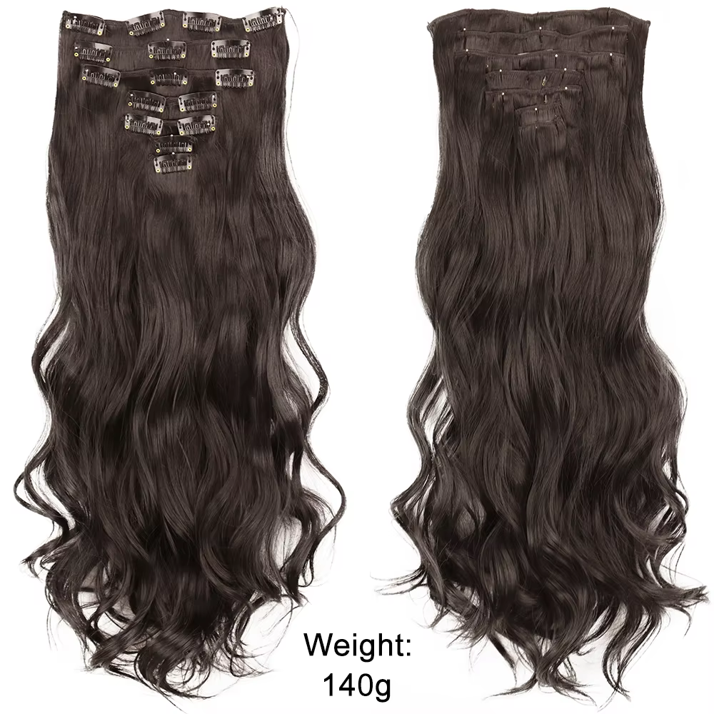 16 Clips 7 pièces/ensemble Extensions de cheveux longue ondulée coiffure naturel synthétique noir bl