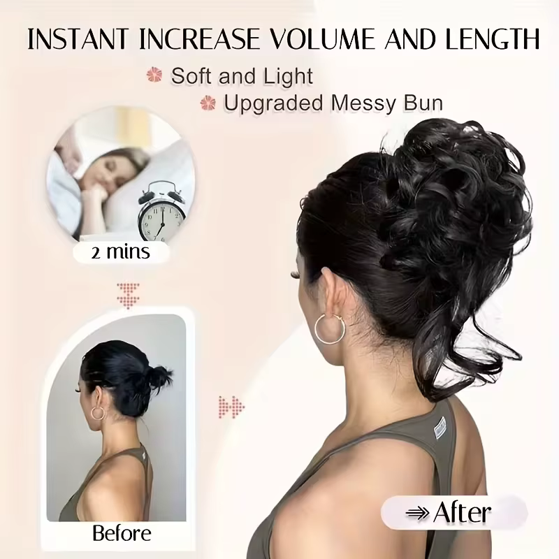 Chignon synthétique court ondulé bouclé désordonné élégant, pièce de cheveux à clip, chignon en déso