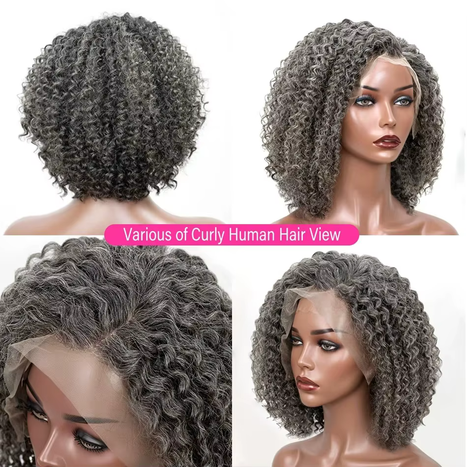 Perruques courtes bouclées en cheveux humains couleur sel et poivre, perruques bob bouclées profonde