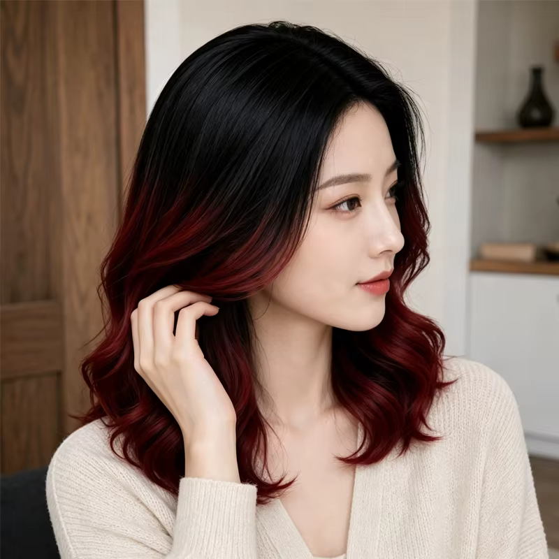 Perruque synthétique bouclée de 16 pouces pour femme, noire avec dégradé bordeaux, avec raie au mili