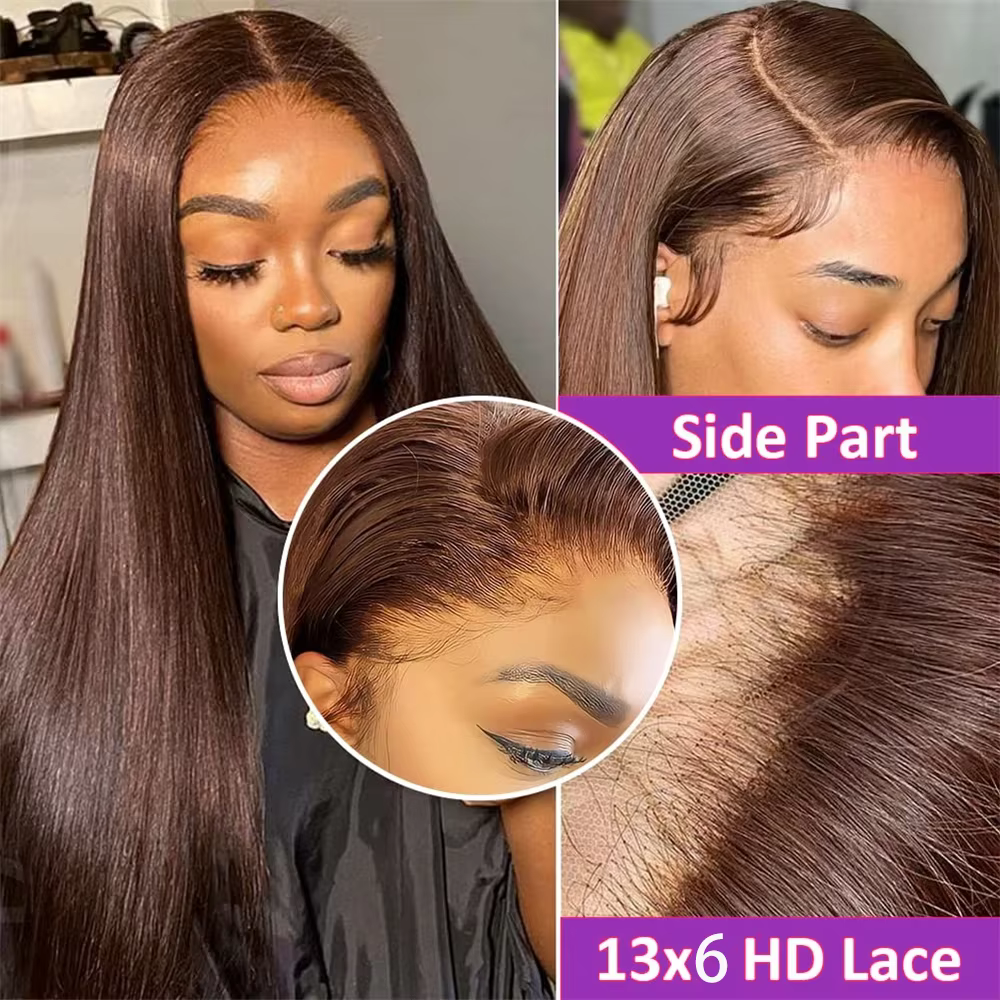 Perruque Lace Front Wig naturelle lisse, brun chocolat, cheveux humains, 13x4, 13x6, 36 ou 38 pouces
