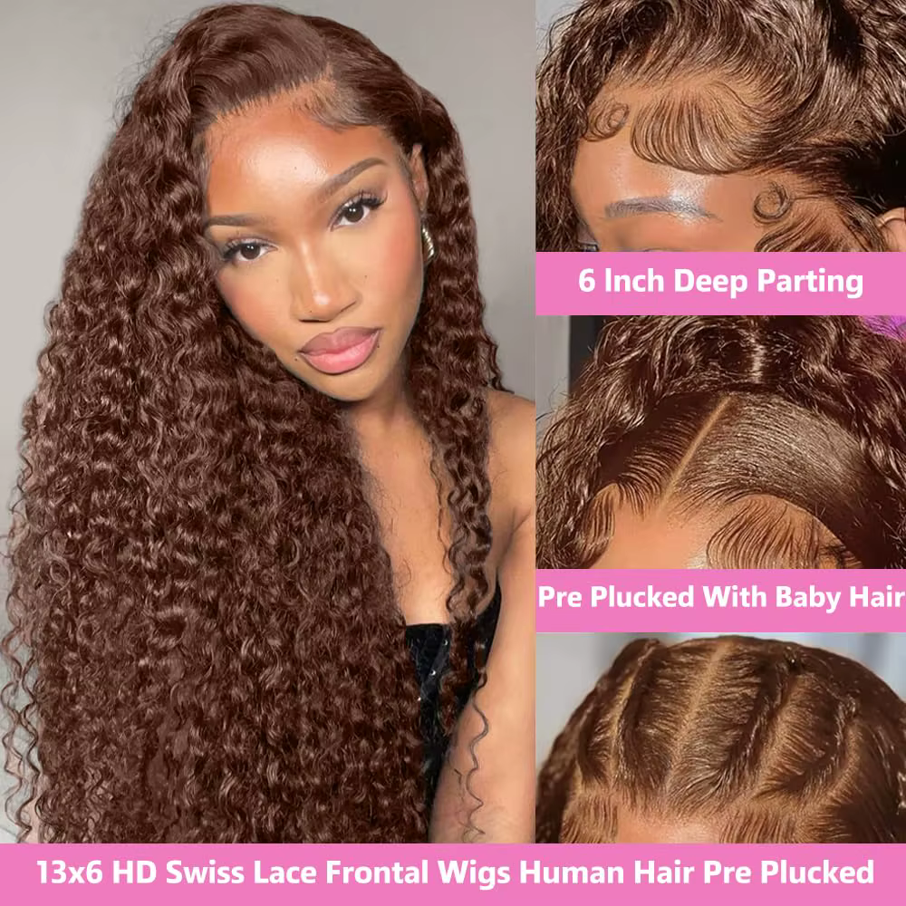 Perruques Lace Front Ondulées Marron Chocolat 40 Pouces, Perruque Frontale HD Deep Wave 13x4 13x6, P