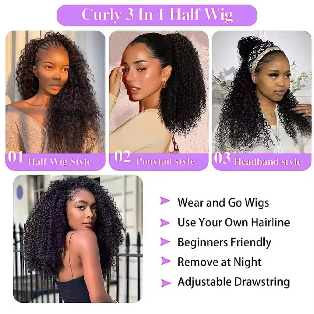 Demi-perruques en cheveux humains sans colle, densité 220 %, avec cordon de serrage réglable, clips