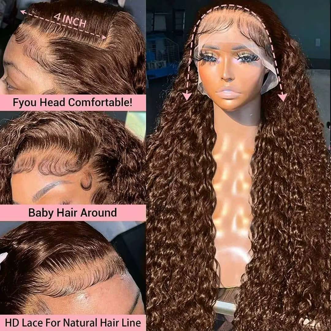 Perruque Lace Front Wig naturelle bouclée, cheveux humains, brun chocolat, densité 200%, Deep Wave,