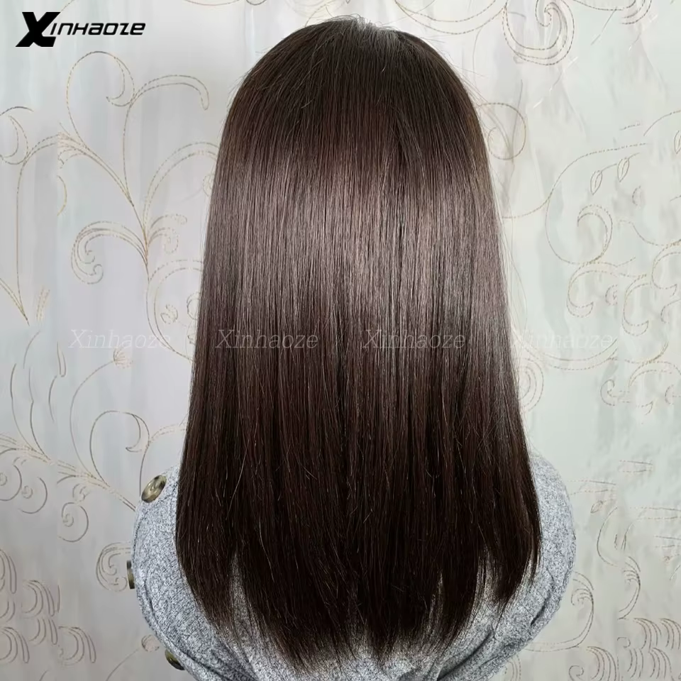 Perruque Bob Lace Wig brésilienne Remy naturelle, cheveux courts lisses, brun foncé #2, 13x4/13x6