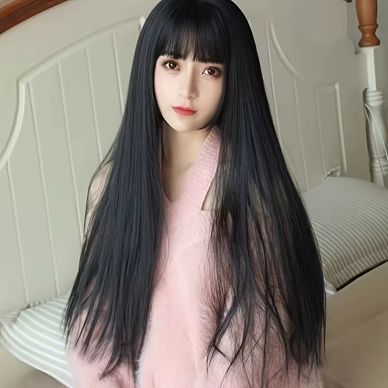 Perruque synthétique noire longue et lisse pour fête d'Halloween, perruque de cosplay pour usage quo